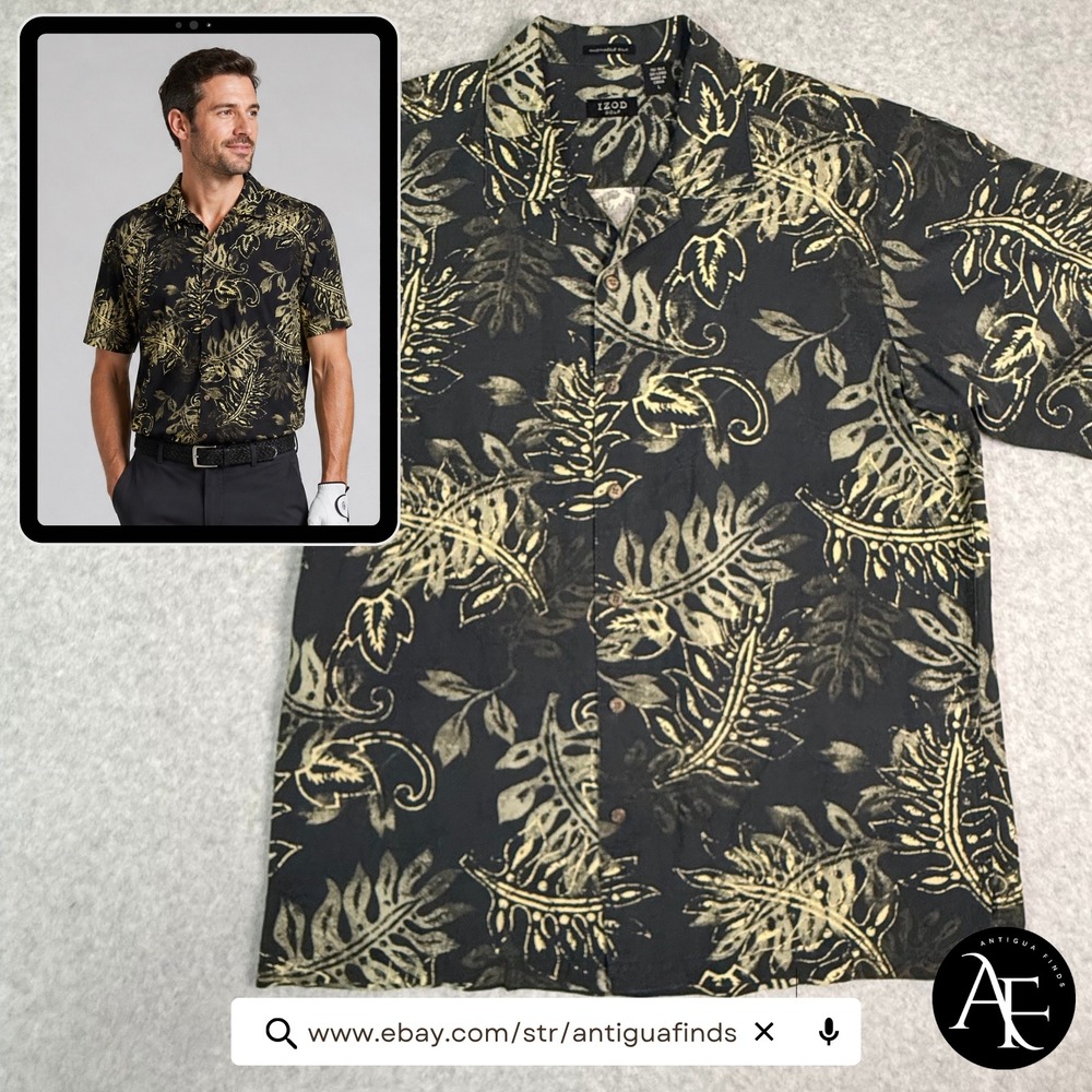 Izod Golf Mens Large Washable Silk Linen Tropical Palm Leaf Hawaiian Shirt Black